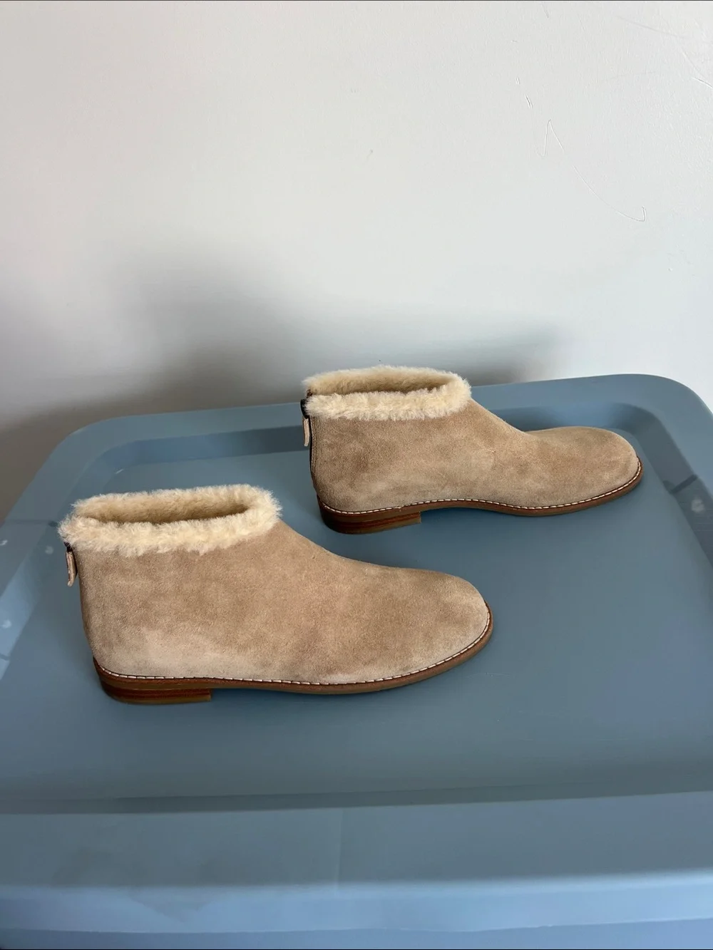 Eileen Fisher drift ankle boot booties biscuit sport suede leather tan shearling